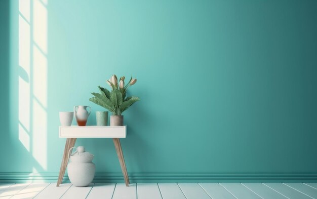 Une chambre avec un mur bleu et un vase de fleurs