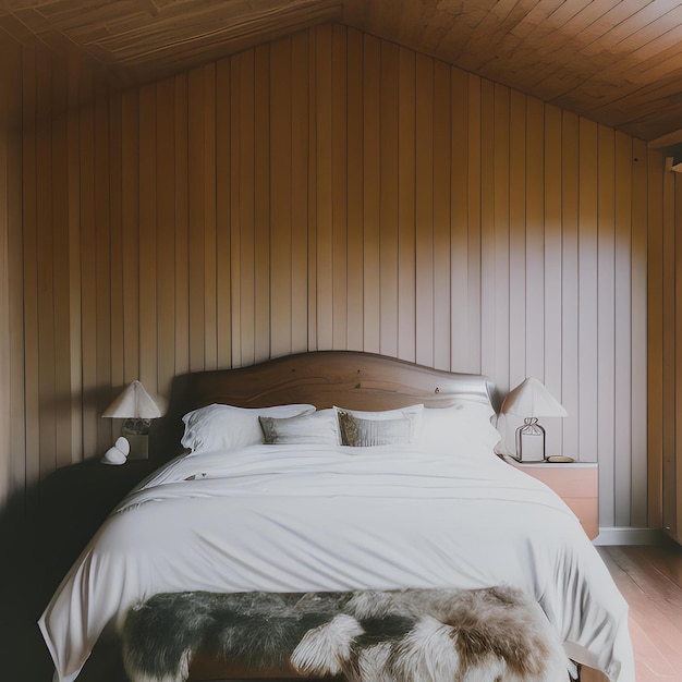 Une chambre avec un mur en bois et un lit avec une couverture dessus.