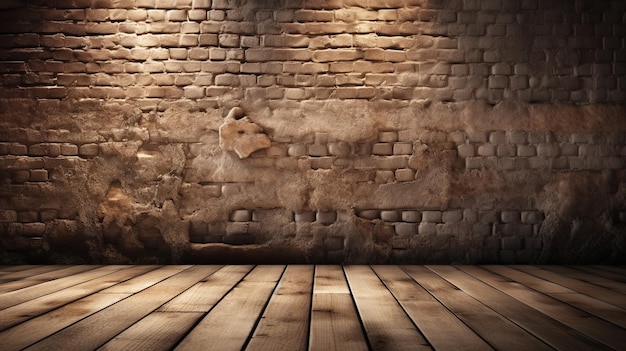 Une chambre avec un mur de briques et un plancher en bois