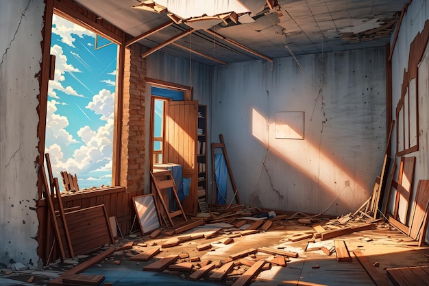 Une chambre avec un mur déchiré et le ciel