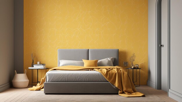 Une chambre avec un mur jaune et un lit avec une couverture jaune