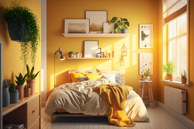 Une chambre avec un mur jaune et un lit avec une plante dessus.