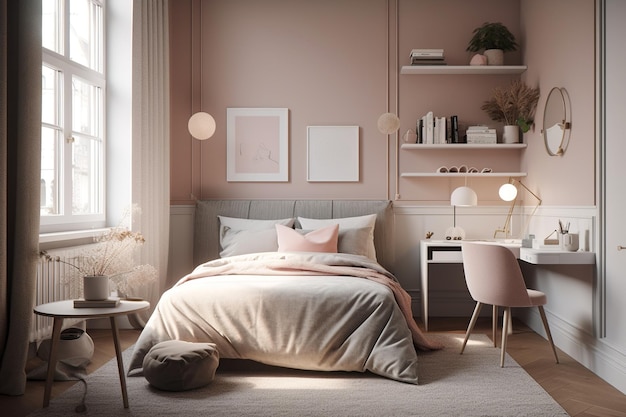 Photo une chambre avec un mur rose et un bureau avec une lampe dessus.
