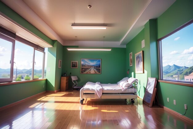 Photo une chambre avec un mur végétalisé et une photo de montagne dans le coin.