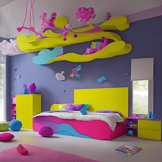 Une chambre avec un mur violet et un lit jaune et rose
