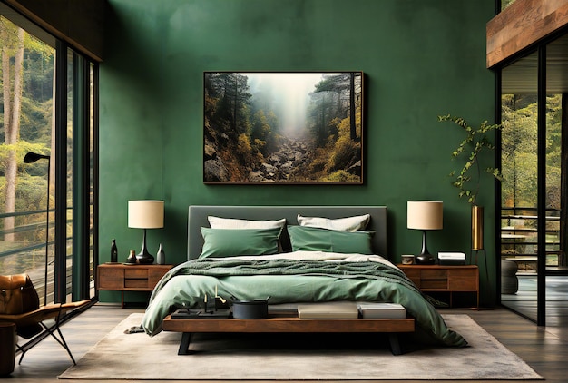 Une chambre avec des murs verts et de l'art sur les murs et le sol