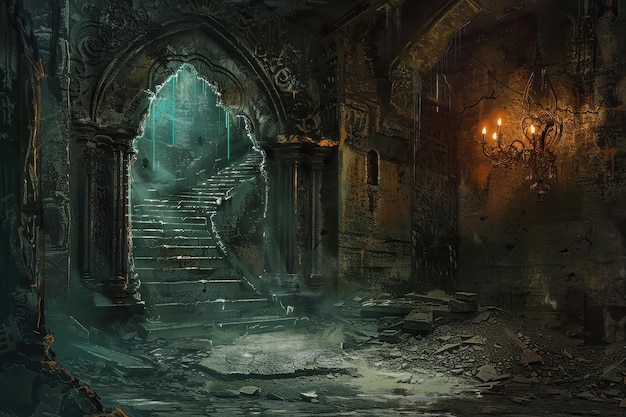 Une chambre mystérieuse avec des escaliers lumineux et d'anciens artefacts.