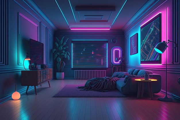 Chambre avec néons AI générative