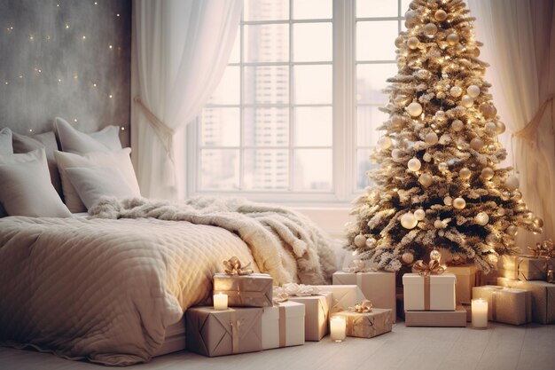 Chambre de Noël avec arbre de Noël et cadeaux