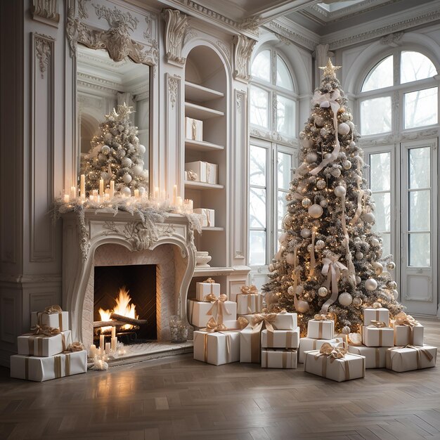 Chambre de Noël décorée en blanc avec deux arbres de Noël cheminée beaucoup de cadeaux dans la maison de campagne