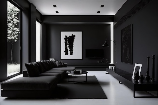 Une chambre noire avec un canapé noir et une table basse.