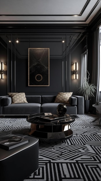 Une chambre noire avec un canapé et une table basse avec un tapis doré et noir.