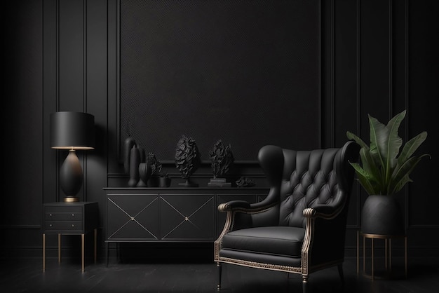 Une chambre noire avec une chaise noire et une lampe.