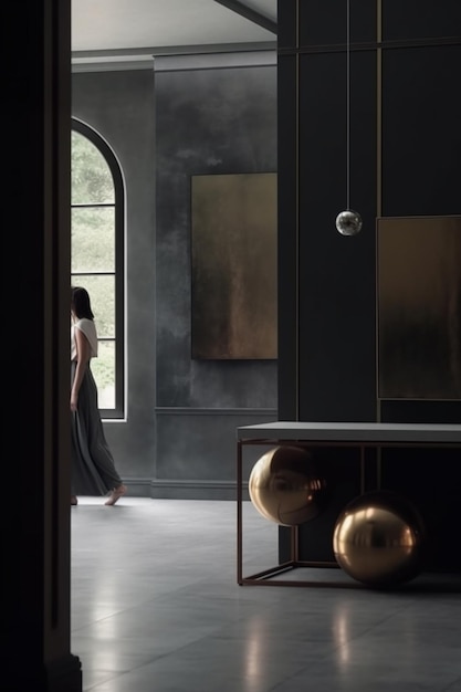 Une chambre noire et or avec une femme marchant devant une fenêtre.