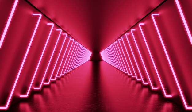 Photo chambre noire de rendu 3d avec lumière laser néon rougeoyante tunnel rose salle scifi abstrait futuriste