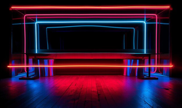 Une chambre noire avec une table et des néons rouges et bleus.