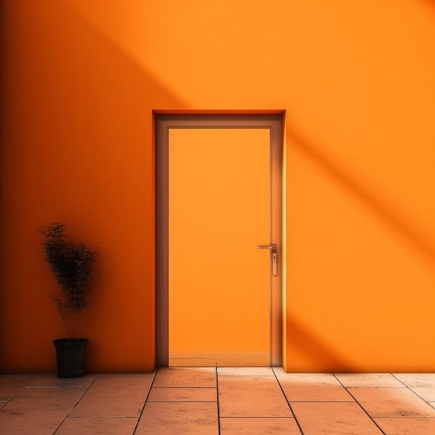 Une chambre orange vif avec une porte qui dit "personne n'est en haut".