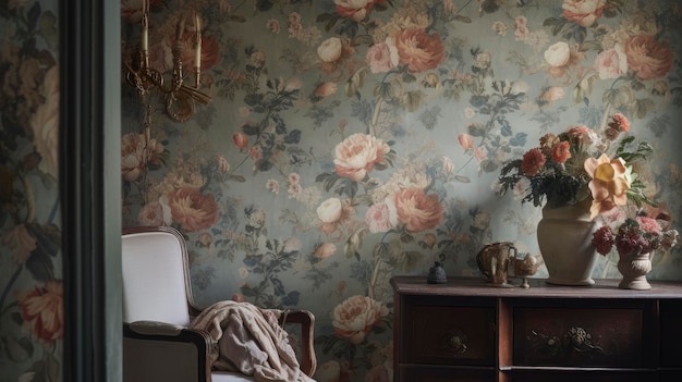 Une chambre avec un papier peint floral sur le mur