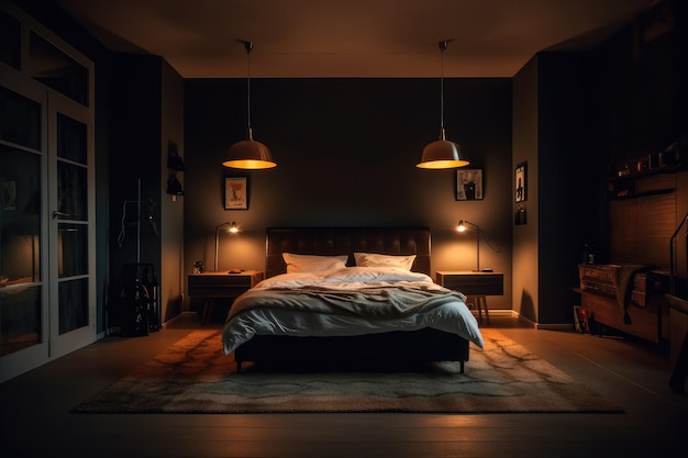 chambre penthouse la nuit sombre sombre Une chambre avec vue sur la ville depuis le lit ai génératif