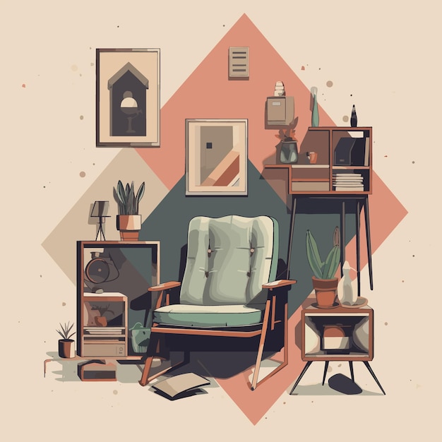 Une chambre avec une photo d'une maison et une chaise