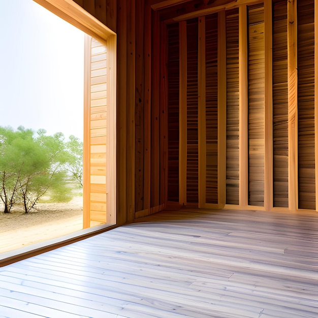 Une chambre avec des planchers de bois et une grande fenêtre qui dit "le mot" dessus.