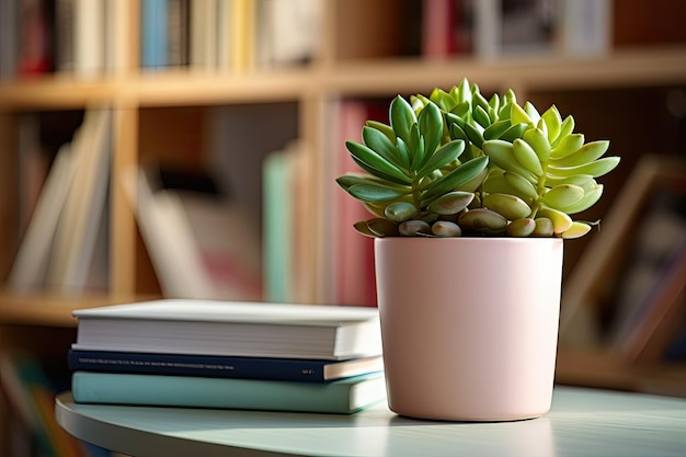 Chambre pour adolescents Peperomia et echeveria dans des pots pile de livres sur une étagère tasses de café vertes sur un b en bois