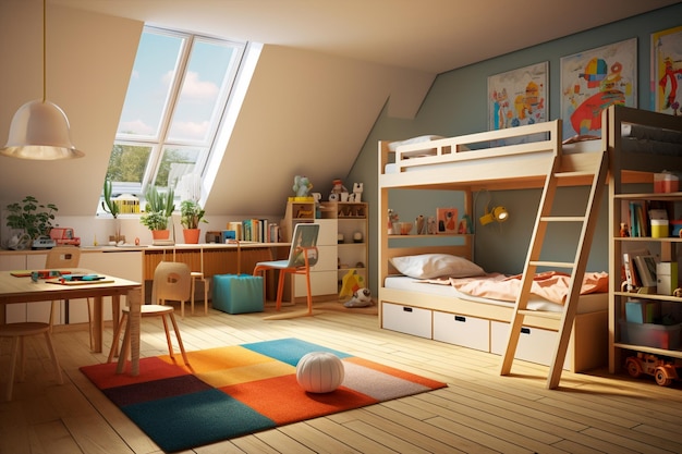 Chambre pour enfants avec un lit superposé double de conception minimale