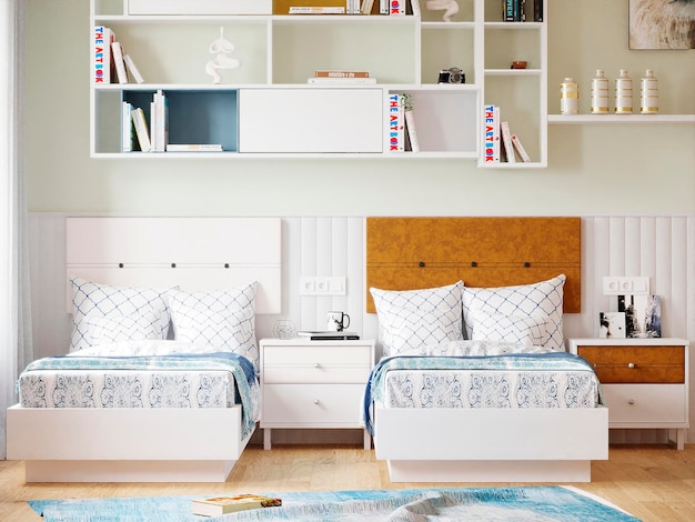 Une chambre pour enfants avec un mur coloré et un lit avec des meubles pour enfants à la mode printemps-été et vintage