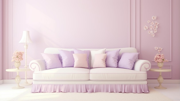 Chambre pour filles pastel avec canapé simple avec oreillers décoratifs