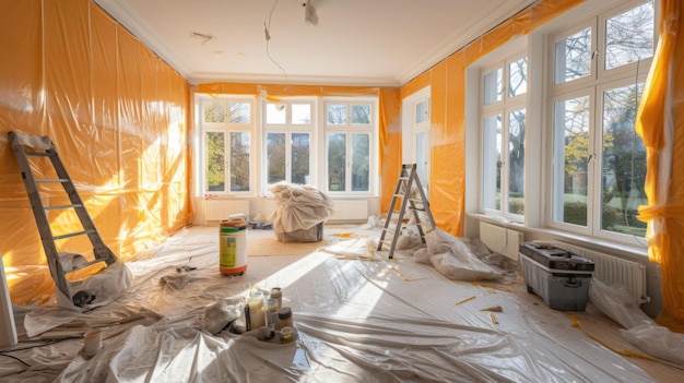 Photo chambre prête à la rénovation recouverte d'une enveloppe en plastique feuille en plastique décoration de la maison pendant la rênovation