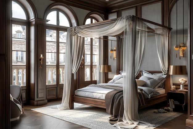 Chambre principale luxueuse avec un lit à baldachin octane