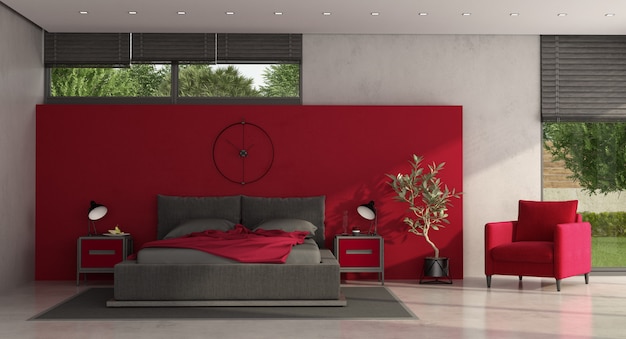 Chambre principale minimaliste rouge et gris