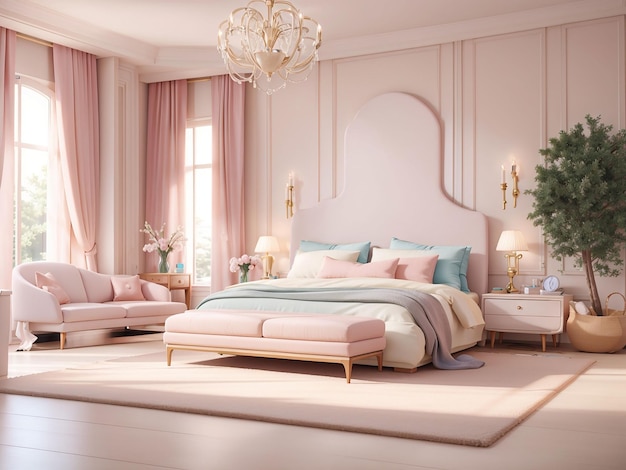 Chambre principale moderne de luxe dans des couleurs claires dans des couleurs pastel rendu 3D