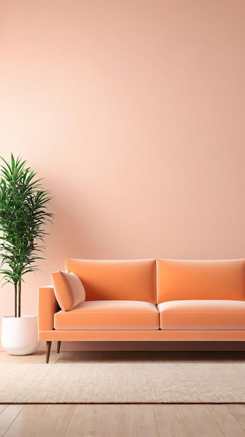 Chambre propre et lumineuse avec un canapé de couleur pêche peach et des murs et un plancher de couleur peach fuzz