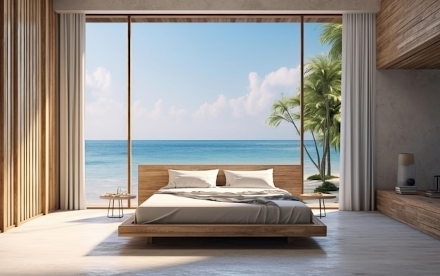 Une chambre propre et minimale avec une vue panoramique sur la mer