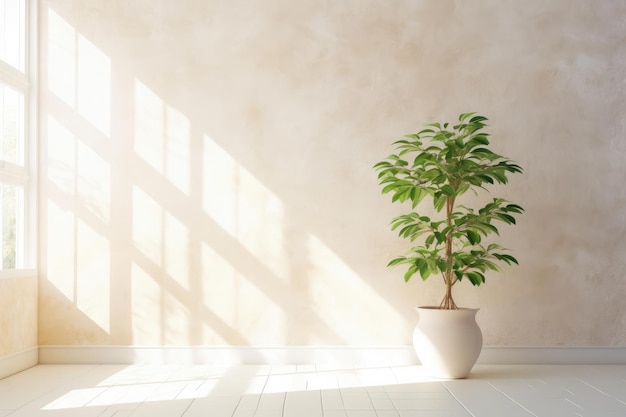 Chambre avec des rayons de soleil traversant les fenêtres et une plante d'intérieur