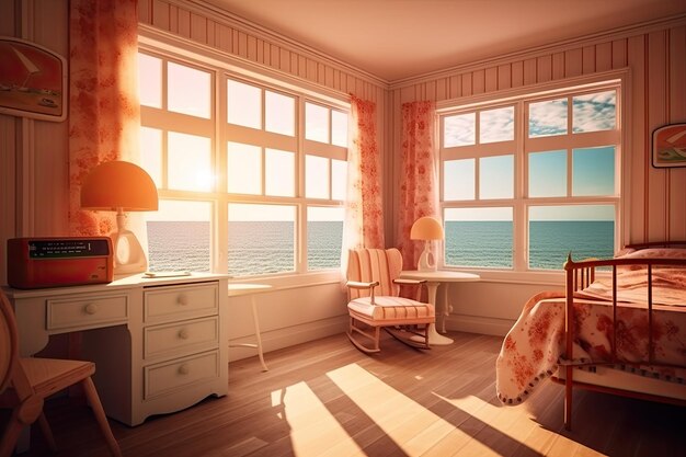 Chambre rétro confortable avec vue sur le soleil de la plage qui brille sur les vagues