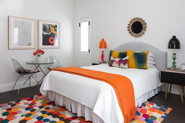 Chambre rétro avec des draps blancs et des oreillers assortis entourés de touches de couleur audacieuses