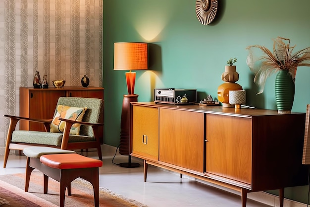 Chambre rétro avec des meubles modernes du milieu du siècle et des accents vintage