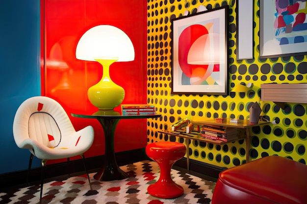 Chambre rétro avec une touche pop art avec des pièces vibrantes et colorées