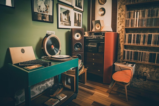 Chambre rétro avec tourne-disque à machine à écrire et disques vinyles