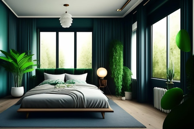 Une chambre avec un rideau vert et un lit avec un tapis vert.