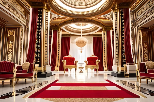 Une chambre avec des rideaux rouges et un tapis rouge avec un lustre en or.