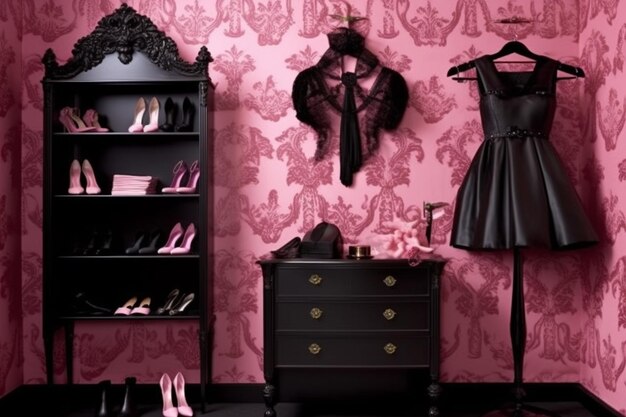 Une chambre avec une robe noire et une étagère avec des chaussures dessus