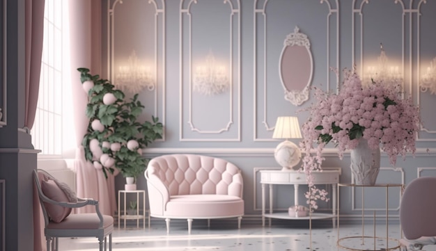 Chambre romantique élégante avec des fleurs maquette romantique 3d Ai générative