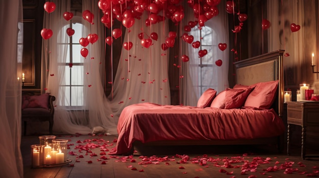 Une chambre romantique ornée de ballons et de roses.
