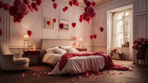 Une chambre romantique ornée de ballons et de roses.