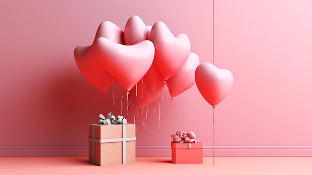 Une chambre rose avec des ballons et une boîte-cadeau au mur