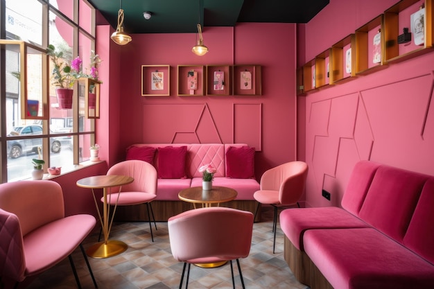 Une chambre rose avec des canapés roses et des chaises roses image générative ai