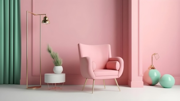 Une chambre rose avec une chaise rose et une plante sur la table d'appoint.